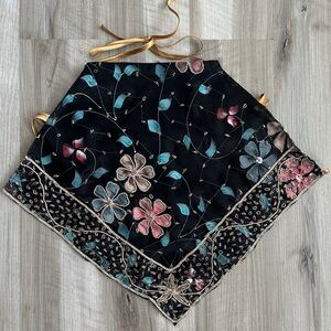 Embroidered Floral Black Silk Scarf with Gold Ties